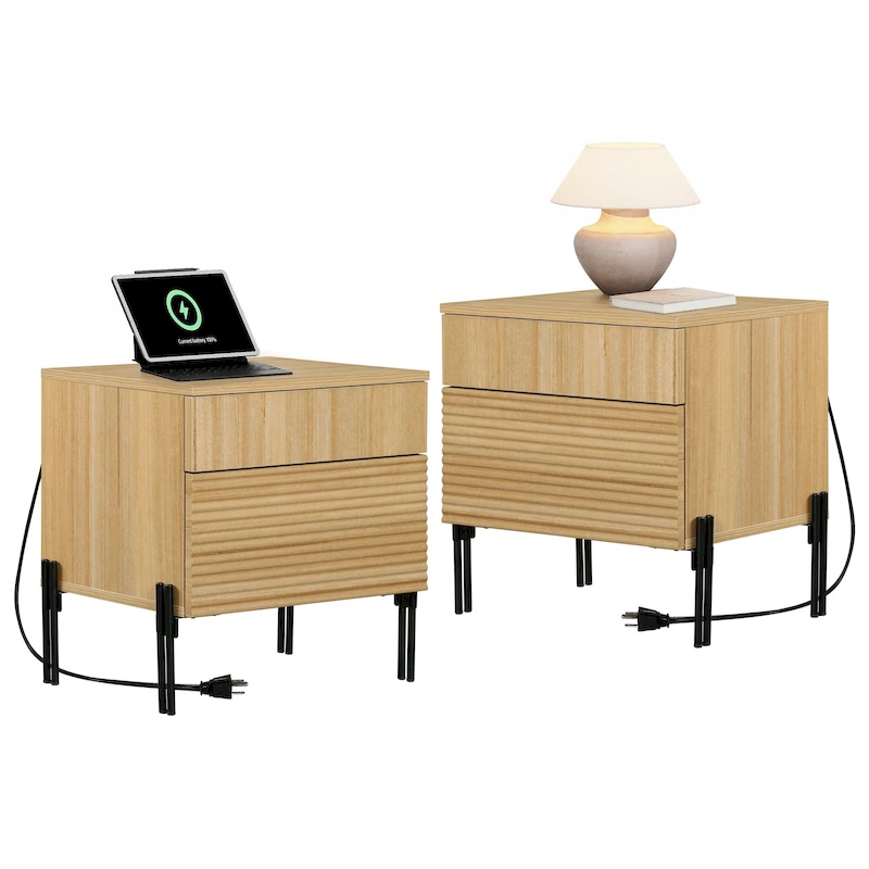 WAMPAT Fluted Nightstand with Charging Station,Modern Side Table with 2 Drawers