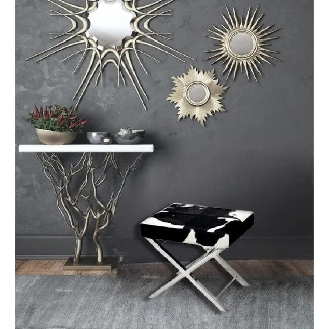 Chrome Stainless Steel Ottoman Chair with Black and White Hairline Leather