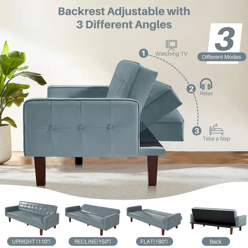 74.4 L Faux Leather Full Handcrafted Button Tufted Sofa 3-Seat, Convertible Sleeper Couch Adjustable Backrest