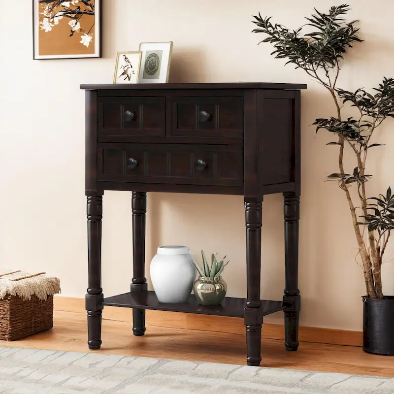 Narrow table, rustic entrance table, slim sofa table, three storage drawers and bottom shelf