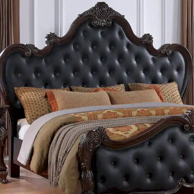 Furniture of America Eugene Traditional Solid Wood Panel Bed with Tufted Leatherette Headboard