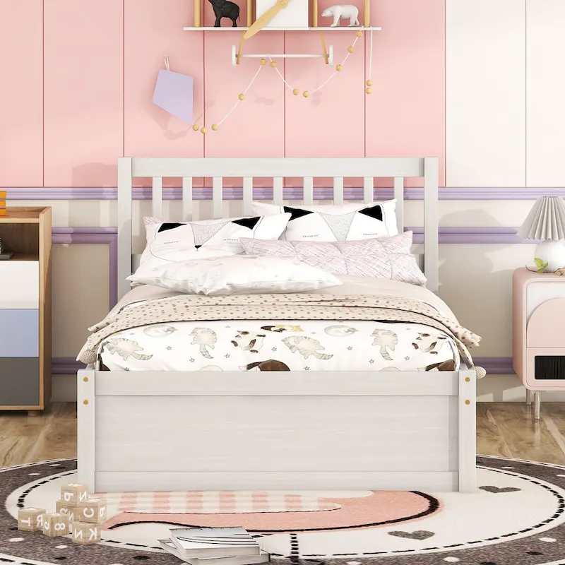 White Walnut Rubberwood Twin Platform Bed with Trundle, Sleek Design, No Box Spring Needed