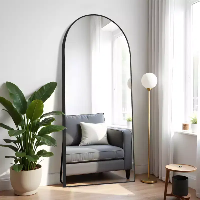 Black Arched Full-Length Floor Mirror, Metal Frame, Freestanding, 1-Person
