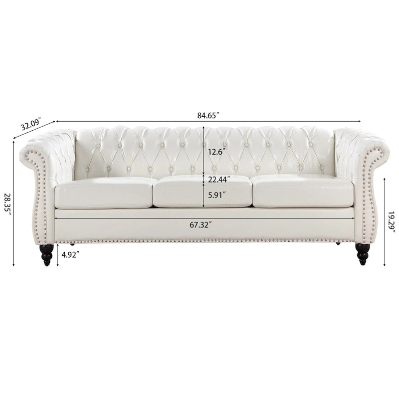 Cream 84.65 Traditional Chesterfield 3 Seater Sofa, PU Leather