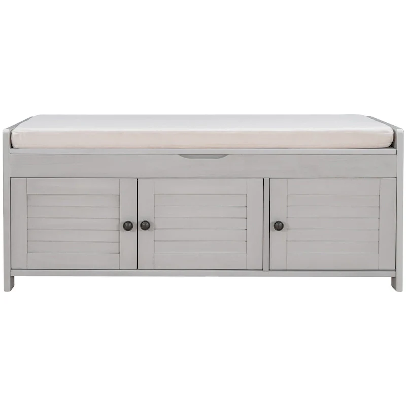 Storage Bench with 3 Shutter-shaped Doors, Removable Cushion and Hidden Storage Space - 43.5L x 16W x 18H