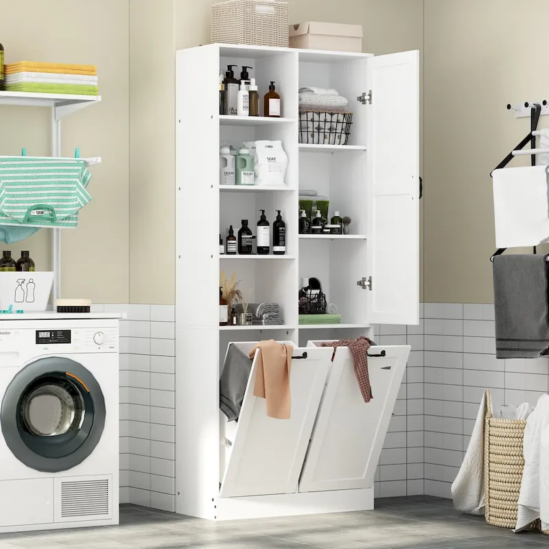 Sleek White Laundry Bathroom Cabinet with Unique Rotating Drawers