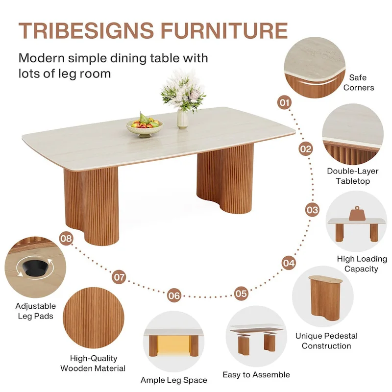 78.7 Rectangle Dining Table, Luxury Sintered Stone Kitchen Table with Solid Wood Legs