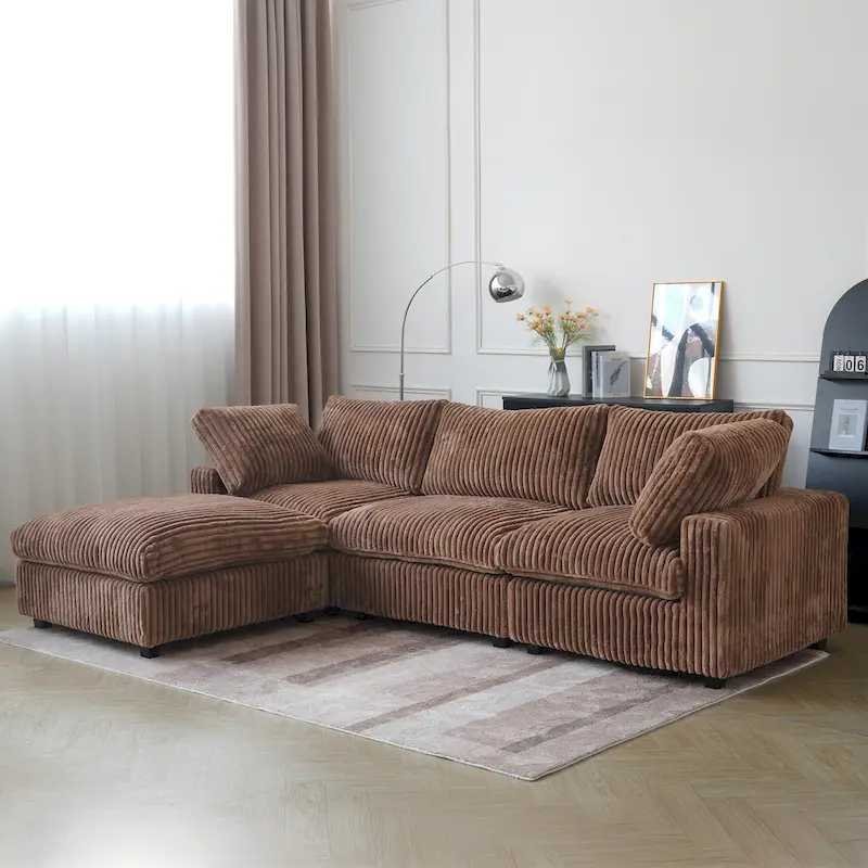L-shaped Polyester Fabric Couch Modern Sectional Sofa with Ottoman