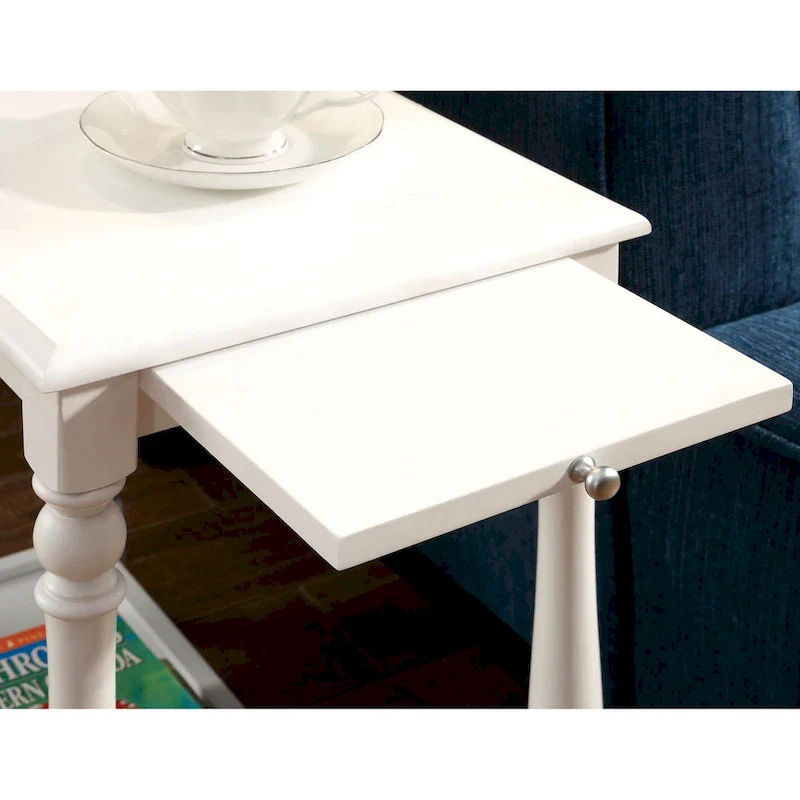 Farmhouse Solid Wood Side Table with Pull-Out Tray & Bottom Shelf – White, Single