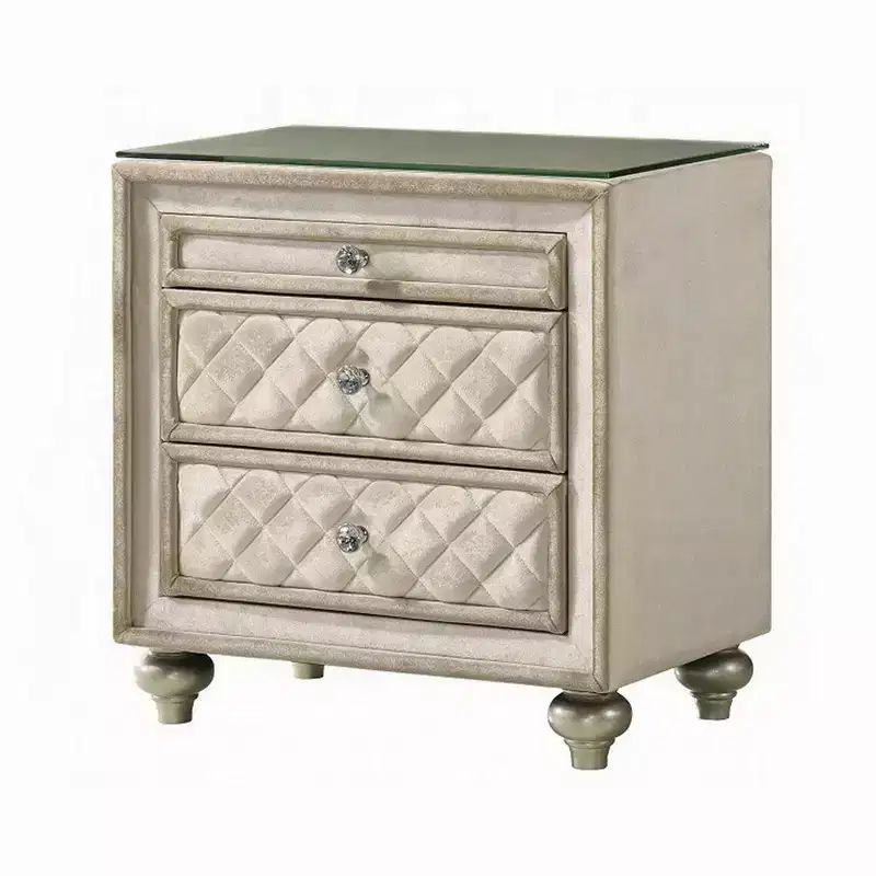 Beige Velvet Upholstered 2-Drawer Nightstand with Glass Top