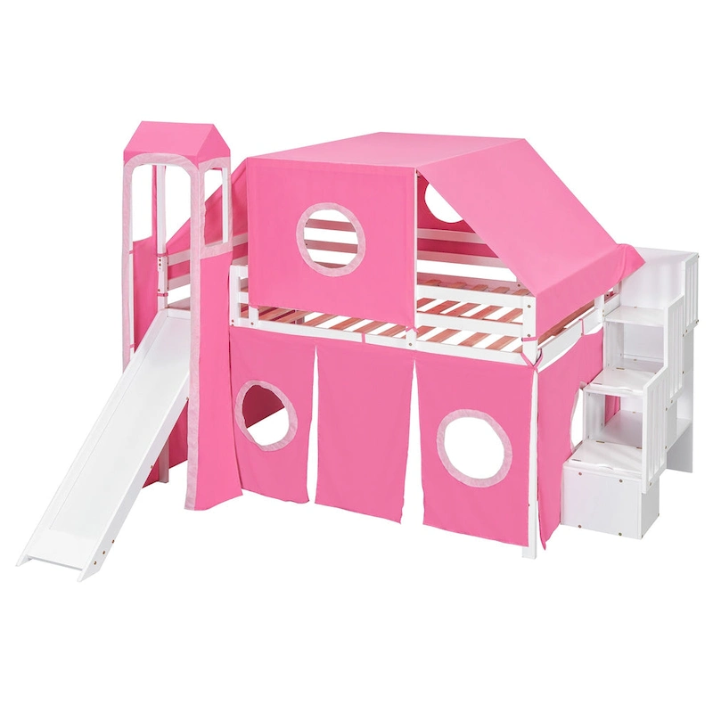 Full Loft Bed with Castle Tent & Tower and Solid Wood Frame, 400lb Capacity, Playhouse Design