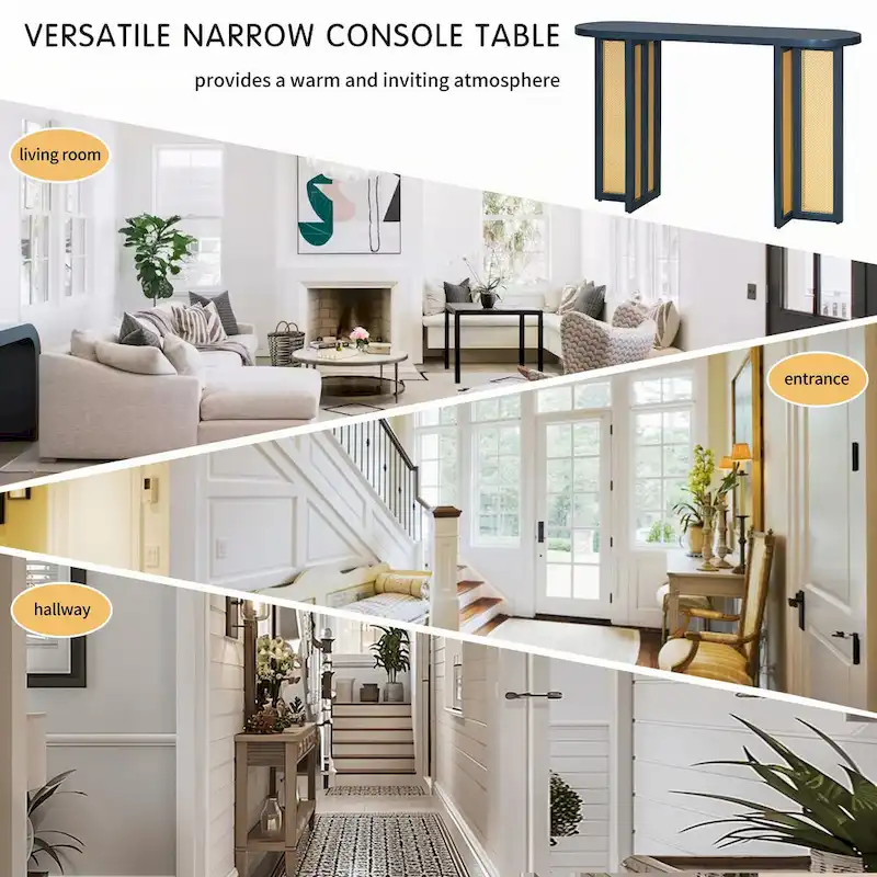 Farmhouse Rattan Console Table Entryway Table,Navy