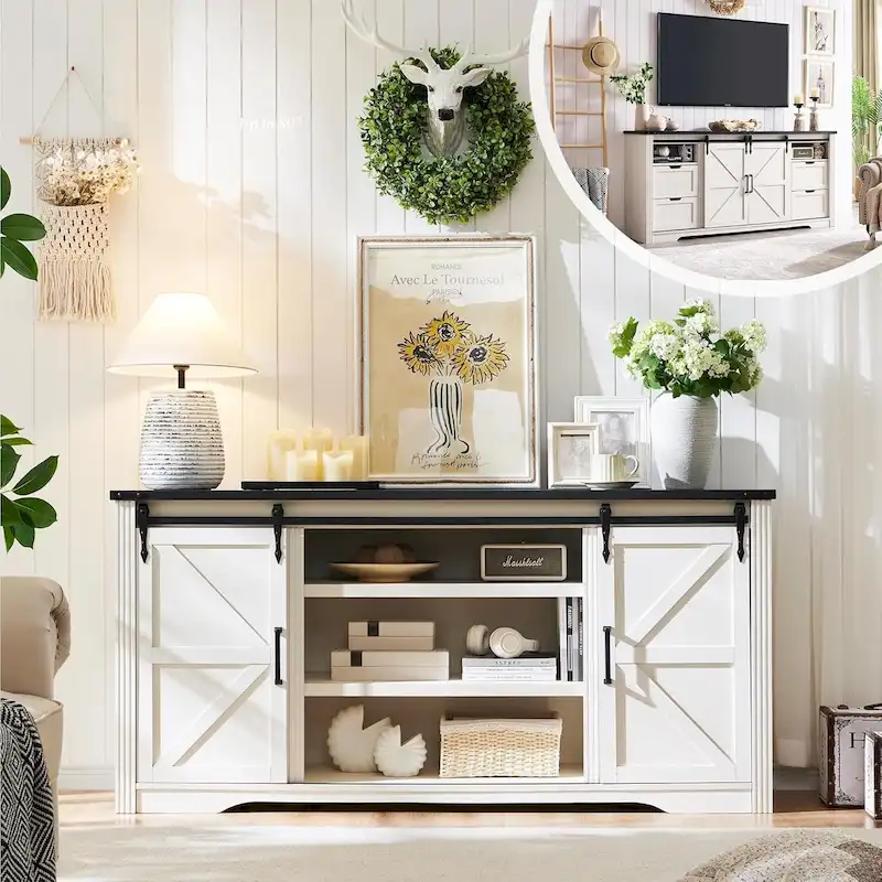 32  Tall Farmhouse TV Stand for 80  TV, Wood Entertainment Center