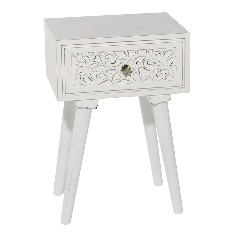 Mango Wood Scroll Intricately Carved Single Drawer Side End Accent Table - White - Roche River Decor