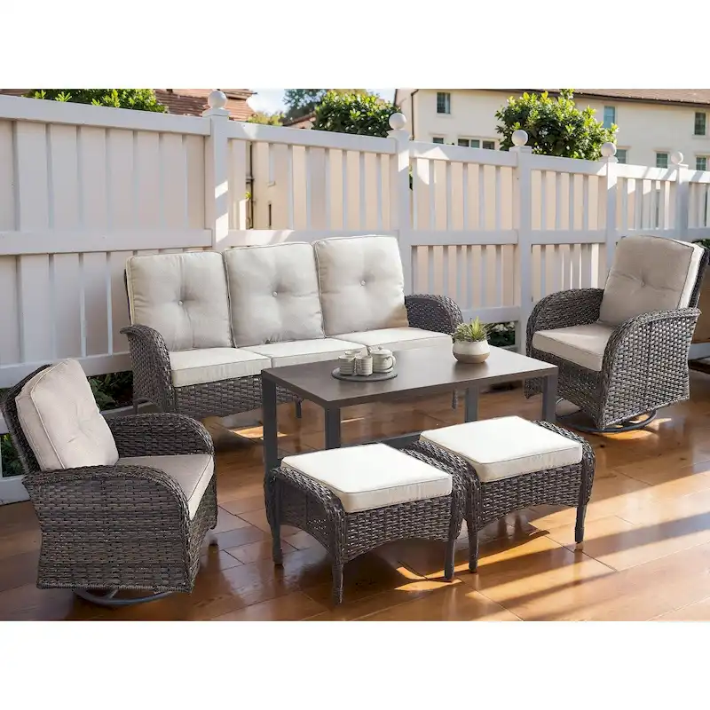 Patio Glider Rocking Chair with Sofa and Ottoman, Coffee Table - Brown