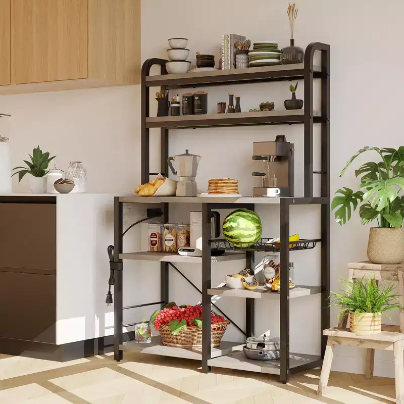 Industrial Kitchen Bakers Rack with Power Outlet - 6-Tier Space-Saving Microwave Stand