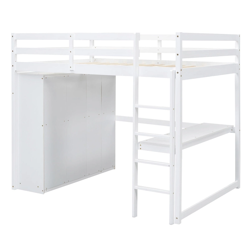 White Full Size Solid Wood Loft Bed with Wardrobe, Desk, and Shelves