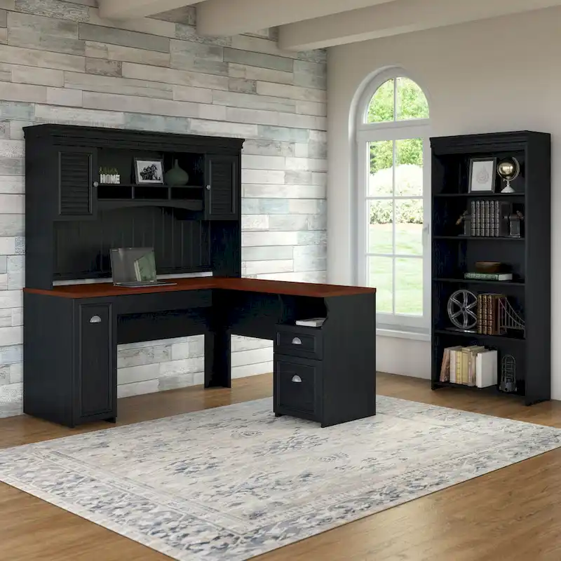 Fairview 60W L Shaped Desk with Hutch and Bookcase by Bush Furniture