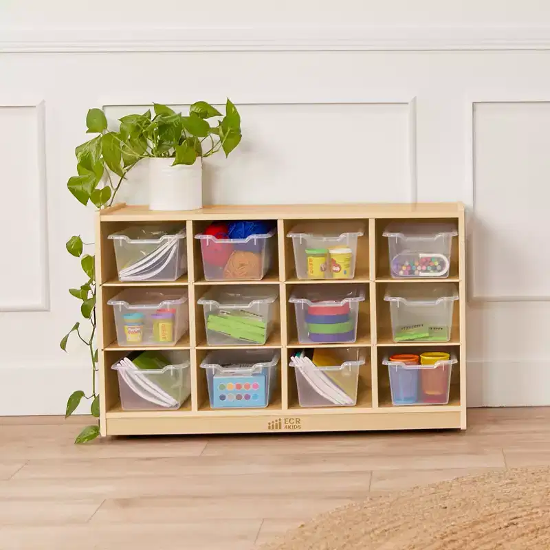ECR4Kids 12 Cubby Mobile Tray Cabinet and 15 Scoop Front Bins, 3x4, Kids Furniture