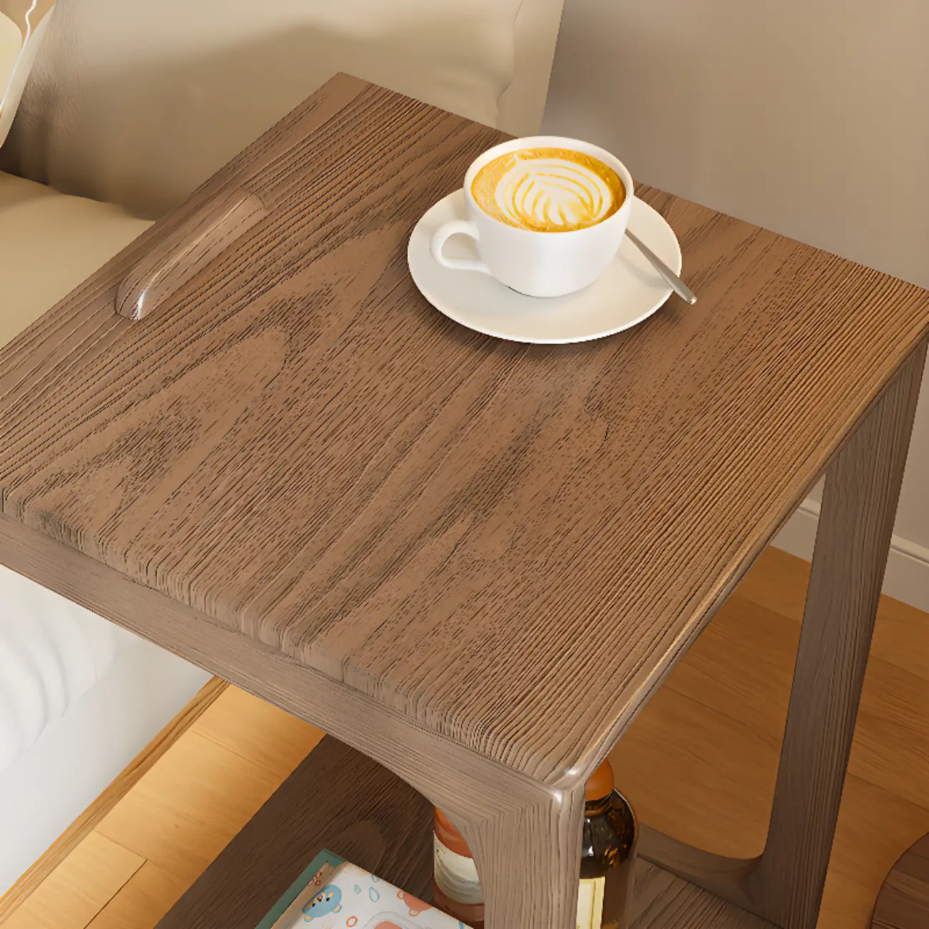 Scandinavian Wooden Flip-Top C-Shaped Side Table with Wheels