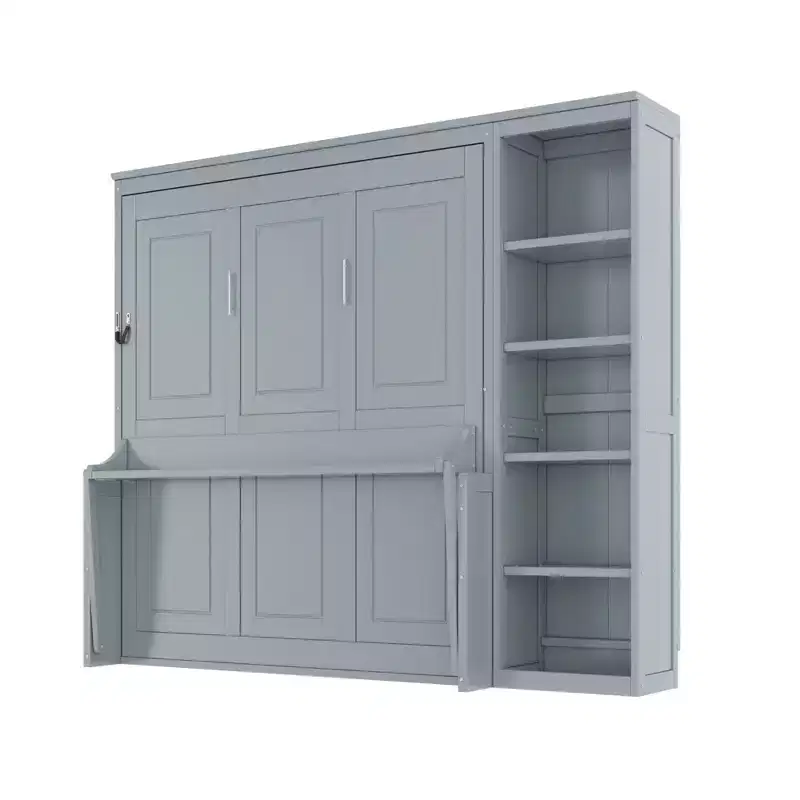 GDFStudio Ruby Space-Saving Solid Pine Wood Murphy Bed with Desk and Bookshelf