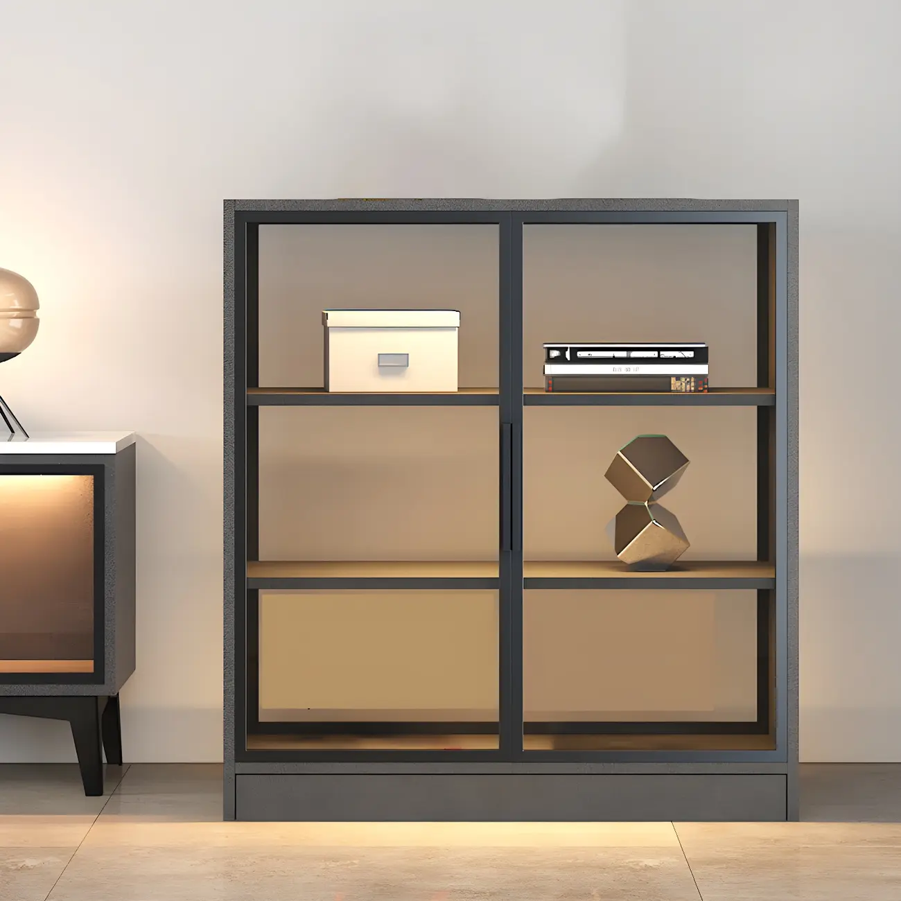 Square 2-Shelf Black Wooden Display Cabinet with Light