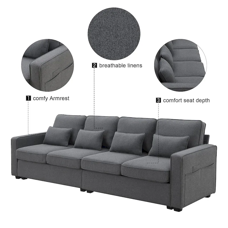 4-Seater Modern Linen Fabric Sofa with Armrest Pockets and 4 Pillows