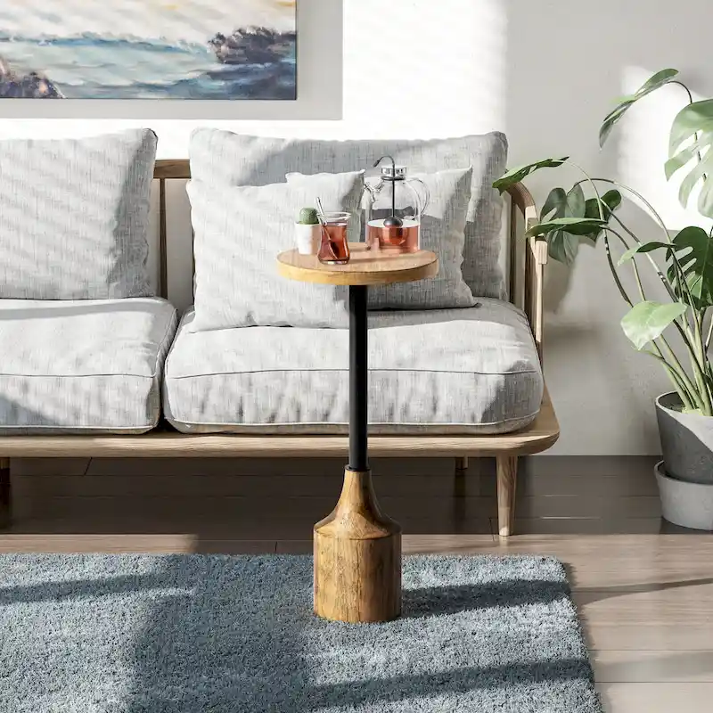 COZAYH Farmhouse Pedestal End table, Rustic Wood Drink Table with Base, Round Martini Table for Small Space Living Room