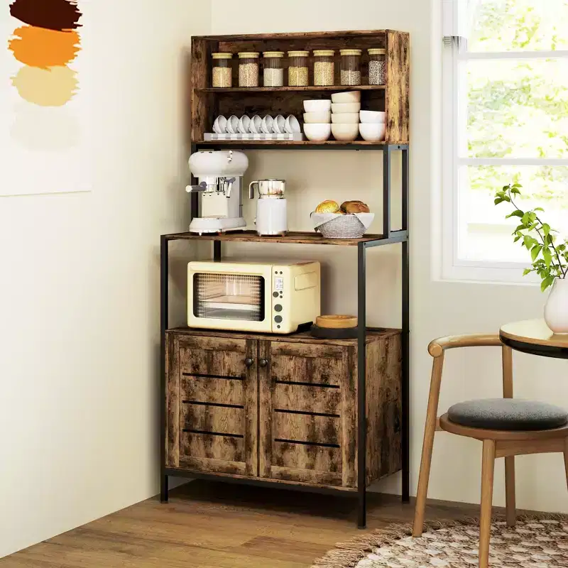 Rustic Brown Baker's Rack with Power Outlet, Louvred Cabinet Doors & Storage Shelves