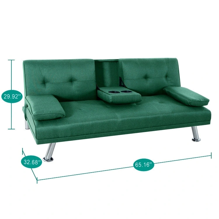 Futon Sofa Bed Couch with Armrest & Cupholders, Faux Leather Sofa Bed Couch Convertible Folding Reclining Small Couch