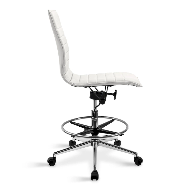 Modern Drafting Chair Upholstered PU Leather Ribbed Armless Mid Back with Tall Adjustable Base & Leg Rest
