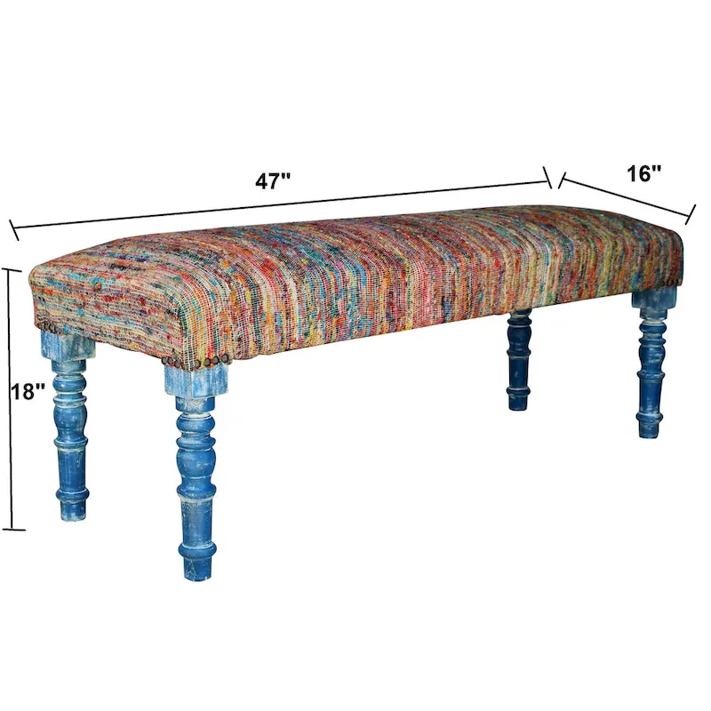 HomeRoots 47 Rainbow Stripe Blue Leg Upholstered Bench - 47 x 18 x 16