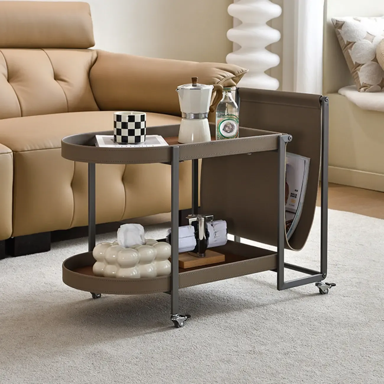 Oval Faux Leather Top 2-Tier Swivel End Table for Living Room