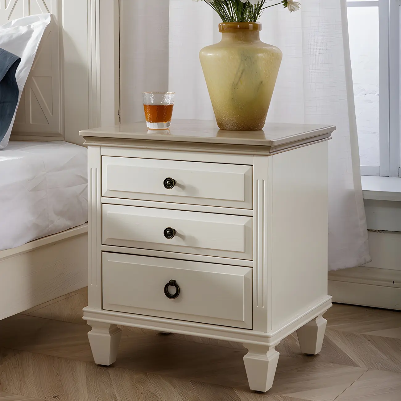 Beige Oak Wood 3-Drawer Standard Nightstand