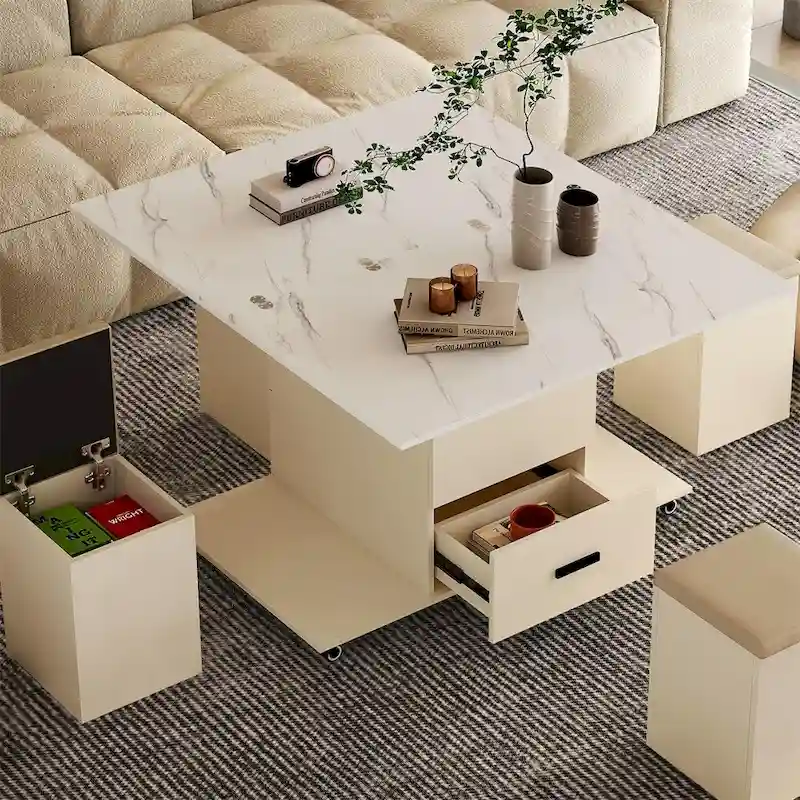 Modern Lift-Up Coffee Table with 4 Stools and 2 Drawers