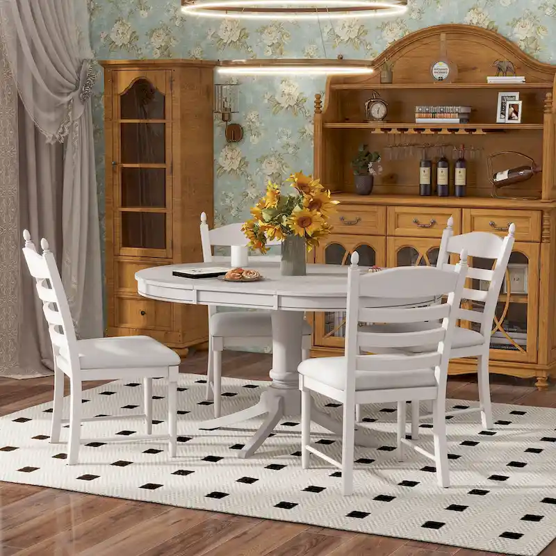 5 Piece Round Dining Table Set, Solid Wood Kitchen Table and Chair Set with Extendable Table and 4 Upholstered Chairs