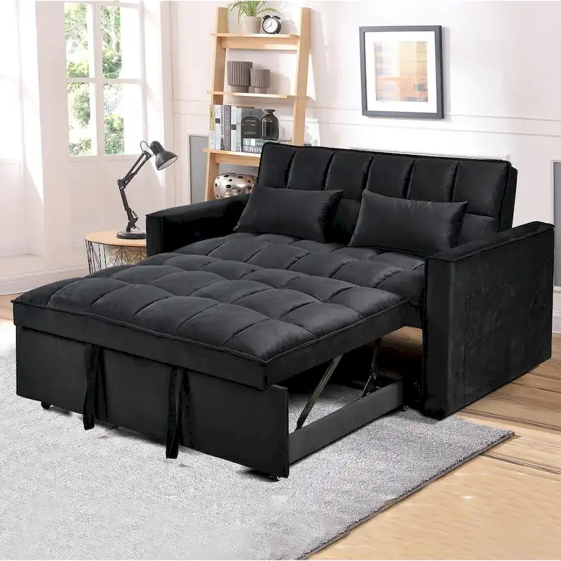 Modern Velvet Loveseat Futon Sofa Couch Pullout Bed, Small Love Seat Lounge Sofa w/Reclining Backrest, Toss Pillows, Pockets