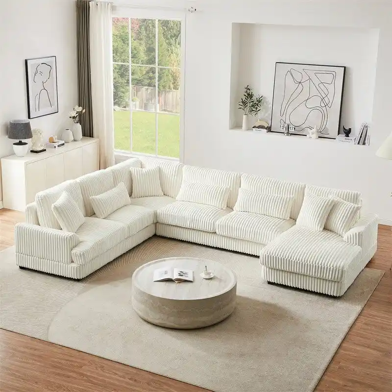 Oversized U-shaped Sectional Sofa with Chaise Lounge, 129 Modern Upholstered Sofa Couch, Corduroy Couch Set for Living Room
