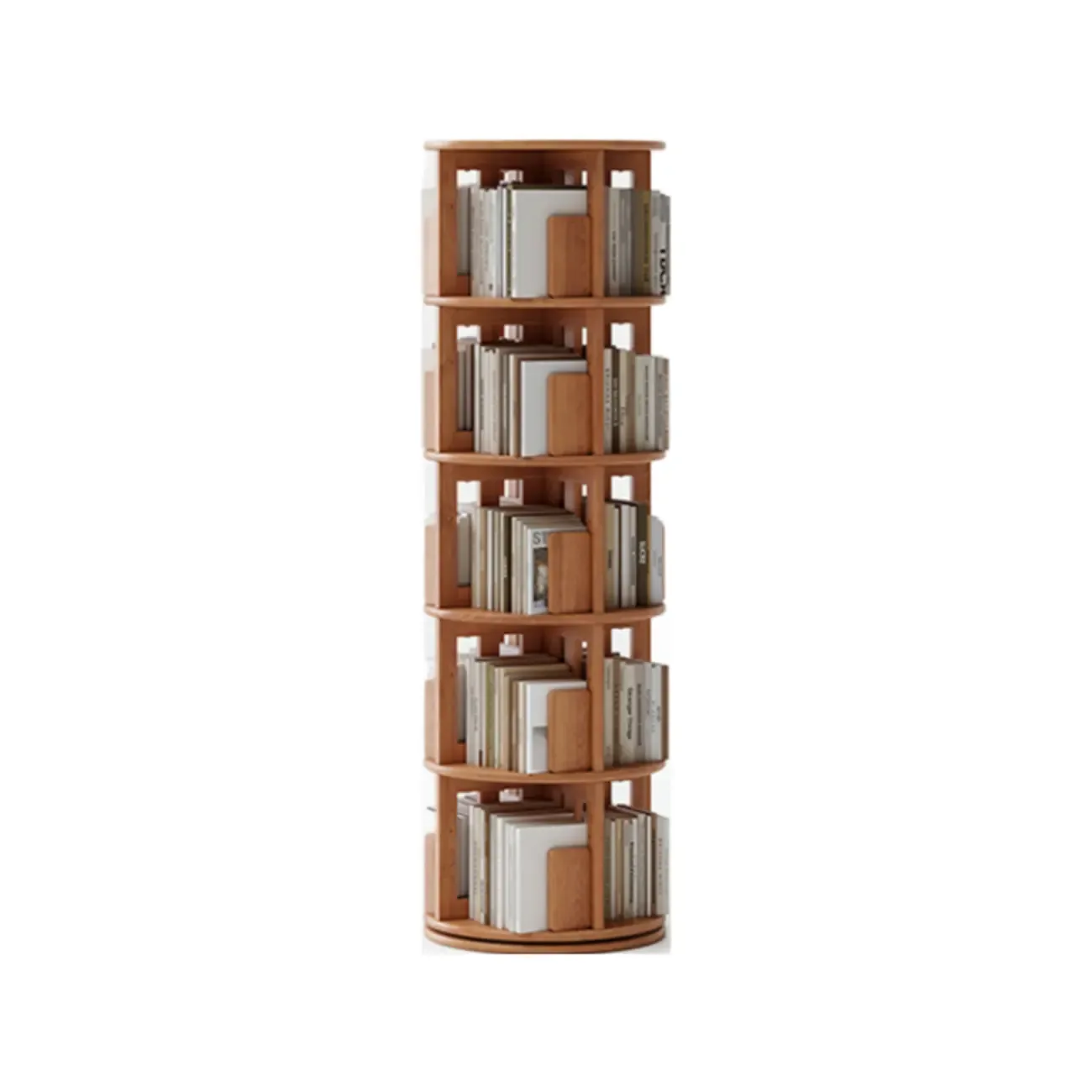 Narrow Cherry Wood Vertical 6 Shelf Rotating Bookshelf