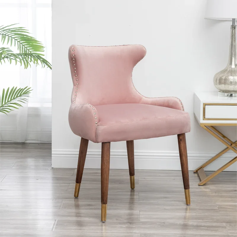Pink Modern 23 Polyester Upholstered Accent Chair with Solid Rubberwood Legs and Nailheads