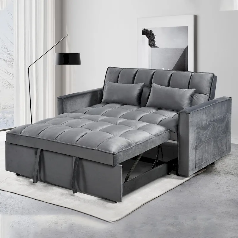 Modern Velvet Loveseat Futon Sofa Couch Pullout Bed, Small Love Seat Lounge Sofa w/Reclining Backrest, Toss Pillows, Pockets