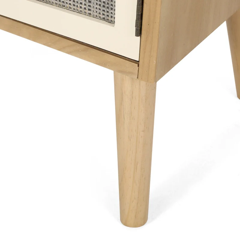 Rattan Accent End Table with Hutch & Cabinet – White + Natural, Wood Top, Single