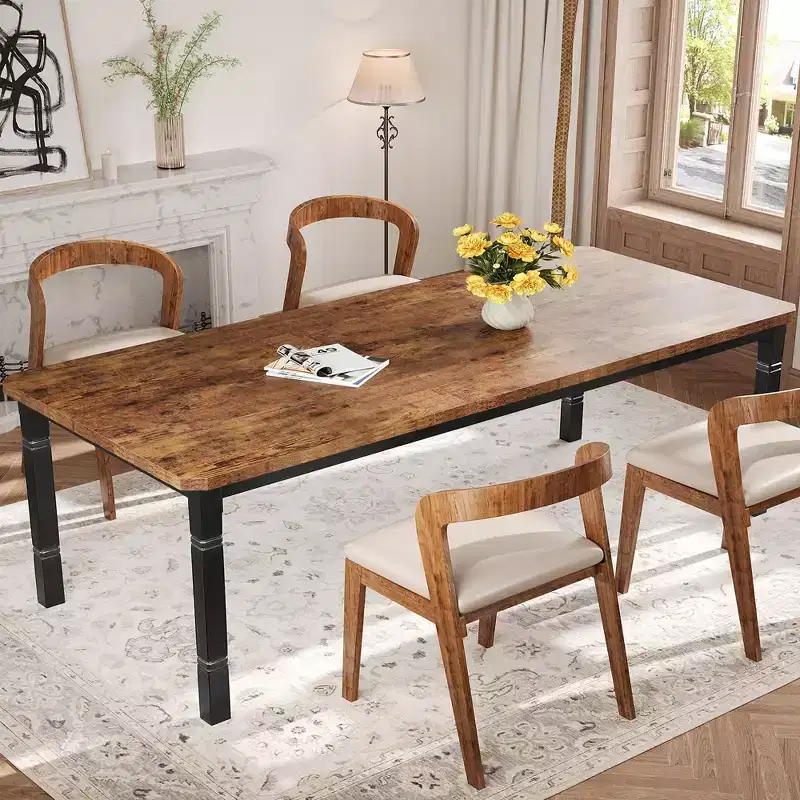 Industrial Rectangle Dining Table for 6-8, Plain Wood Top & Heavy-Duty Metal Frame, Modern Kitchen & Dining Room Table, Easy Assembly
