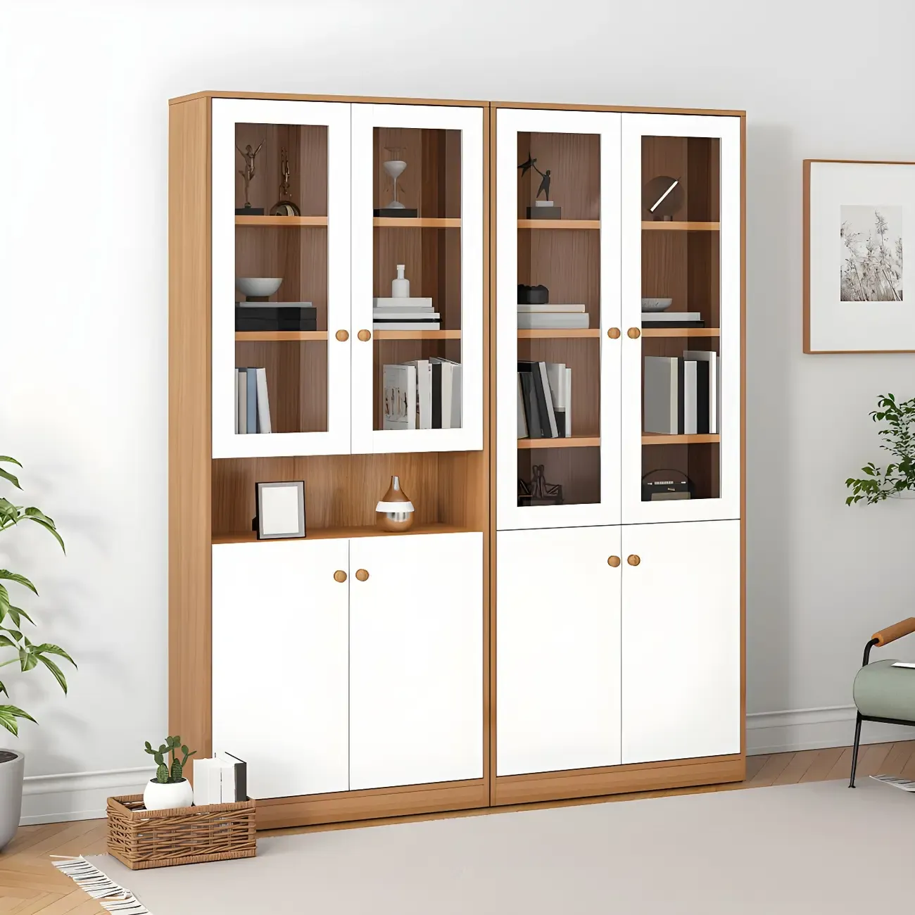 Sleek Wood Glass Door Bookcase with Adjustable Shelves
