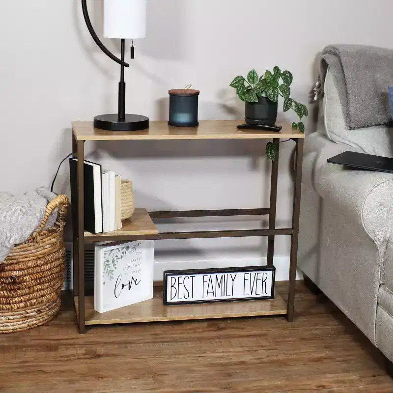 Sunnydaze Industrial-Style, 3-Shelf Sofa Table with Removable Serving Tray - Brown - 28.25 in