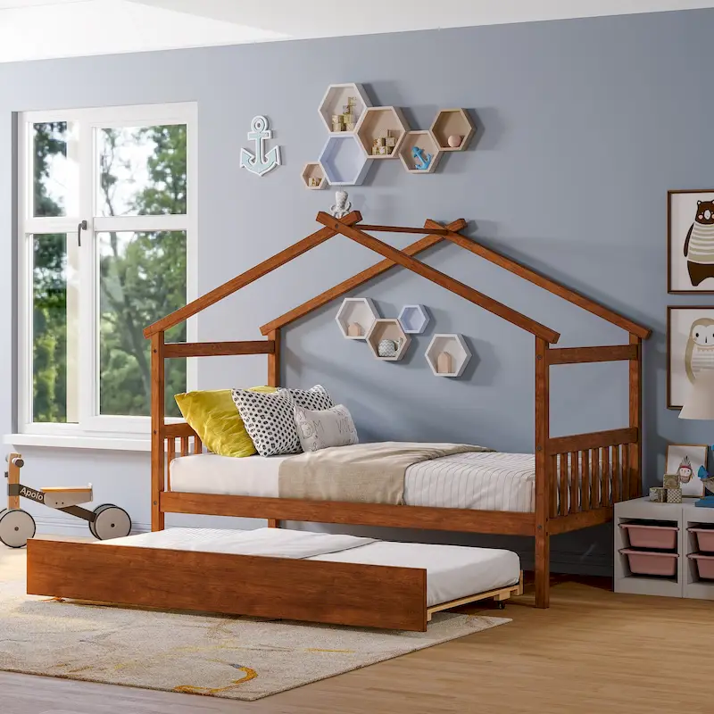 Twin Size Wood House-shaped Bed with Trundle