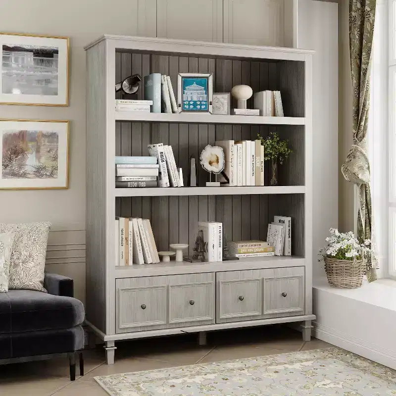 Famapy Light Gray Vintage Display Cabinet with Decorative Legs,Retro Bookcase with 3 Open Shelves+4 Drawers,Home Office Storage Hub
