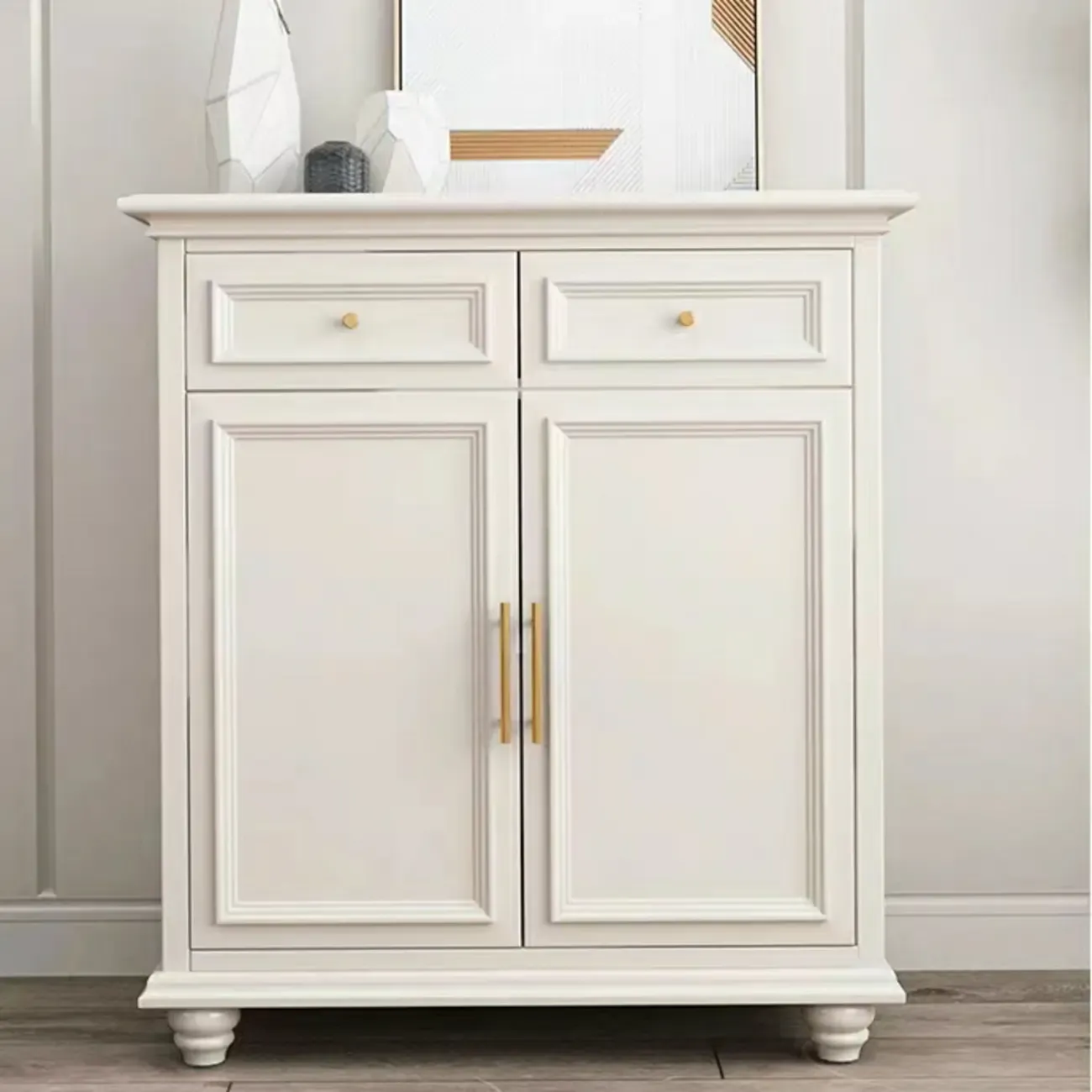 White Wooden Sideboard with 3 Drawers and Cabinets