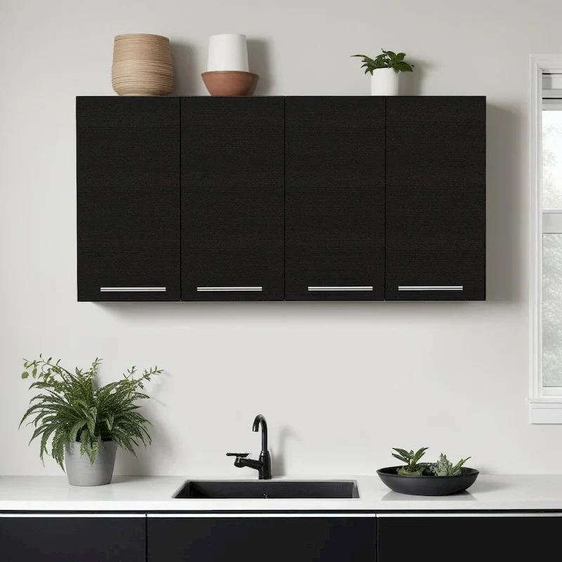 HomeRoots 47  Black Wood Wall Mounted Accent Cabinet With Four Doors