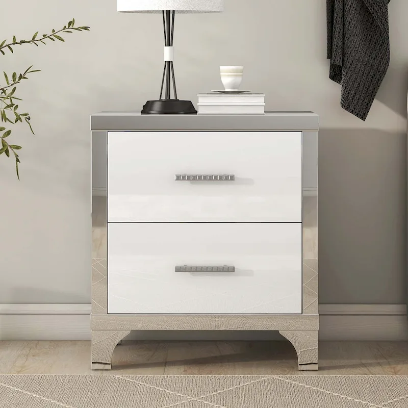 Elegant High Gloss Mirrored Nightstand with Metal Handle
